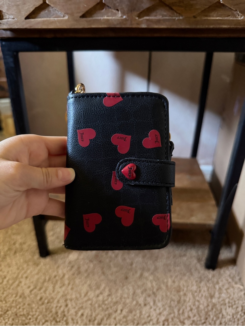 Black Wallet with Red Heart Print
